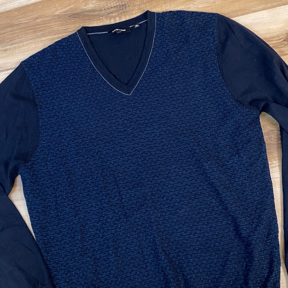 Jared Lang Sweater Men XXL V-Neck Merino Wool Blend Textured Knit Navy Blue Luxe